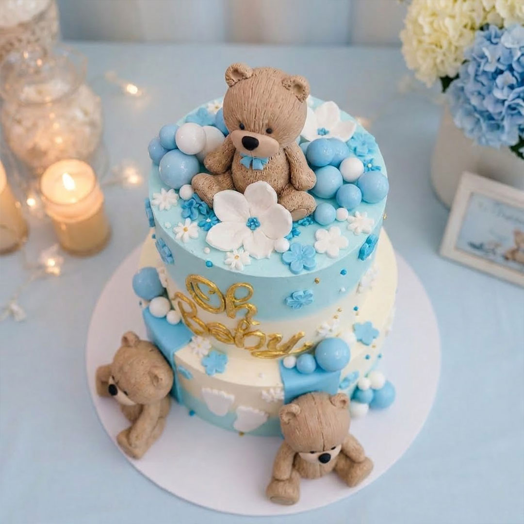 Blue Teddy Bear Two-Tier Cake