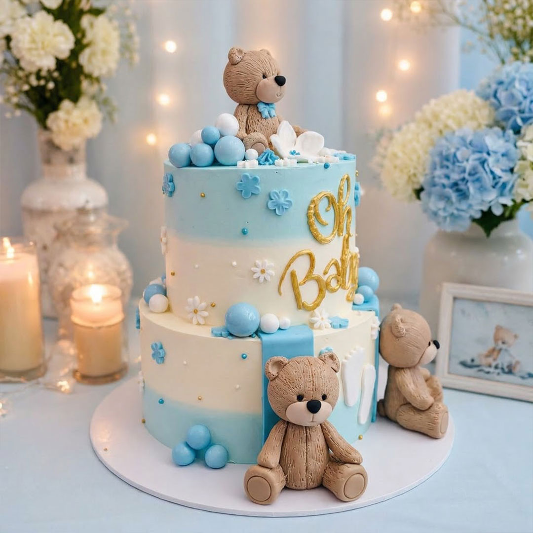 Blue Teddy Bear Two-Tier Cake